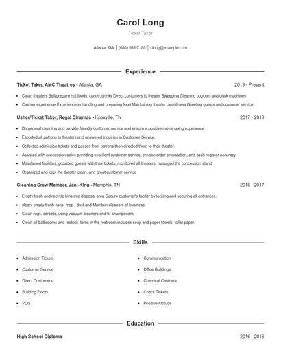 Ticket Taker Resume