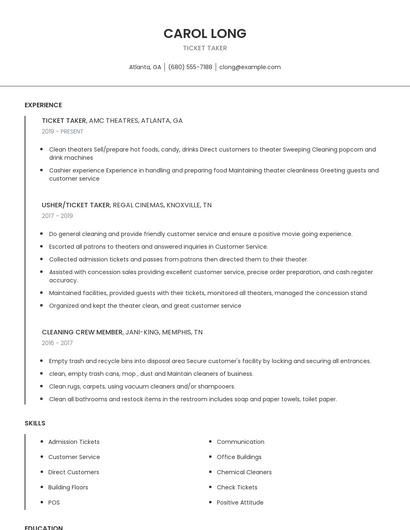 Ticket Taker Resume
