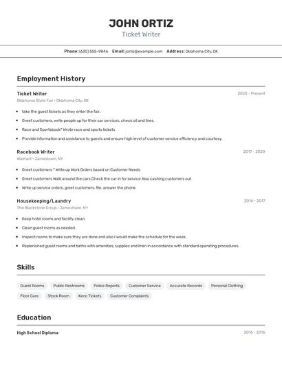 Ticket Writer Resume
