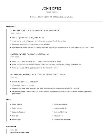 Ticket Writer Resume