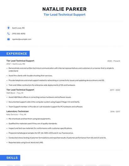 Tier Lead Technical Support Resume
