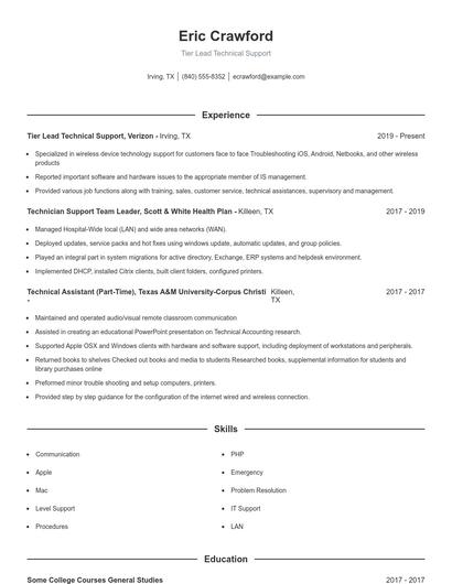 Tier Lead Technical Support Resume