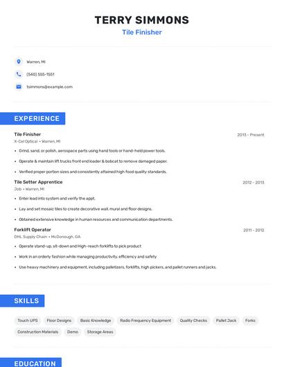 Tile Finisher Resume