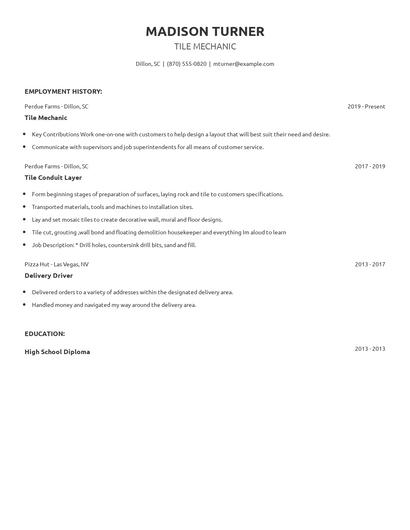 Tile Mechanic Resume