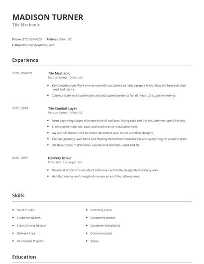 Tile Mechanic Resume