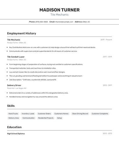 Tile Mechanic Resume