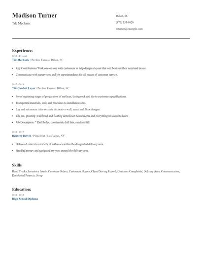 Tile Mechanic Resume
