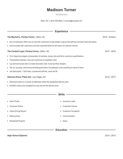 Tile Mechanic Resume