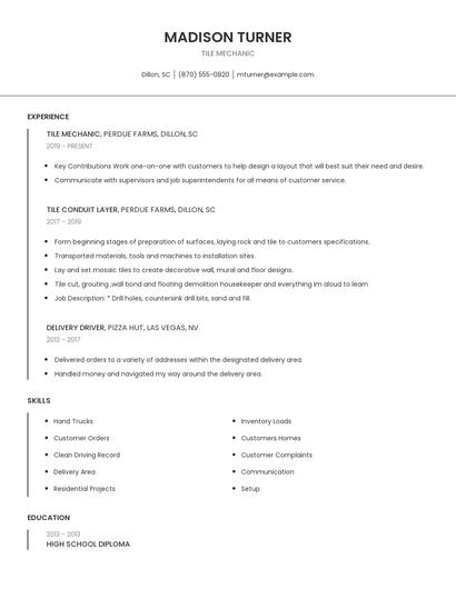 Tile Mechanic Resume