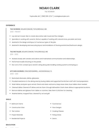 Tile Worker Resume