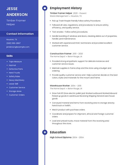 Timber Framer Helper Resume