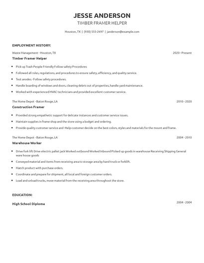 Timber Framer Helper Resume