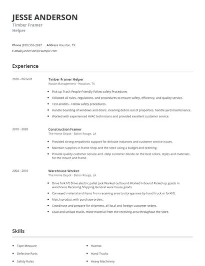 Timber Framer Helper Resume