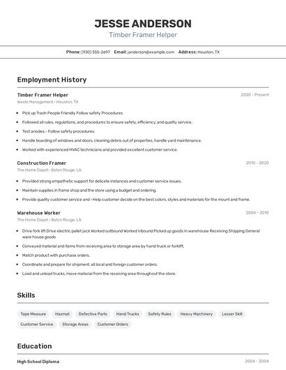 Timber Framer Helper Resume