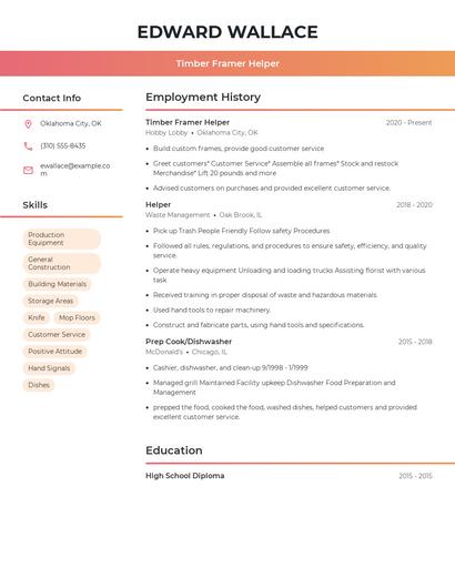 Timber Framer Helper Resume