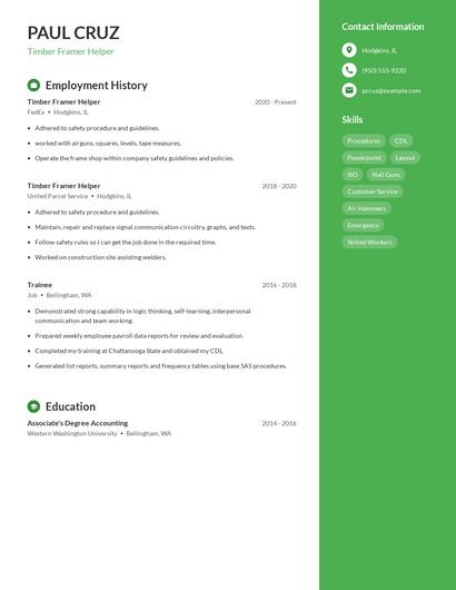 Timber Framer Helper Resume