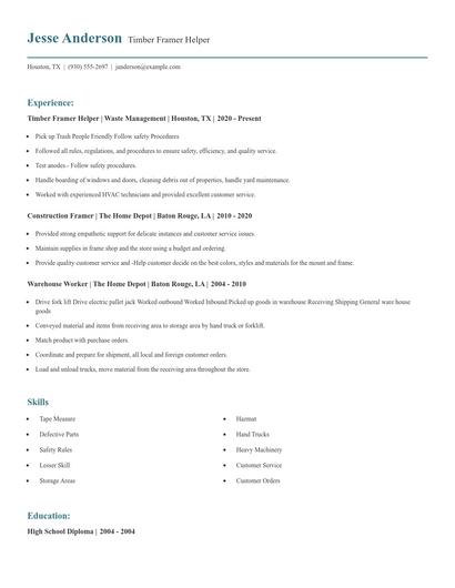 Timber Framer Helper Resume