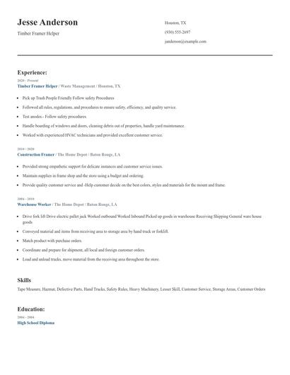 Timber Framer Helper Resume