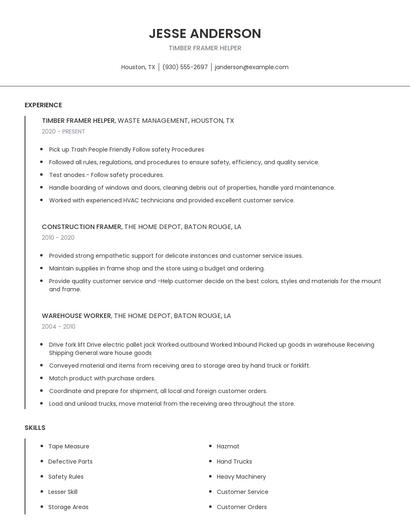 Timber Framer Helper Resume