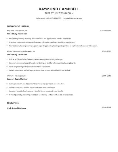 Time Study Technician Resume
