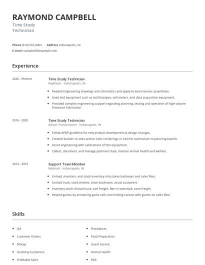 Time Study Technician Resume
