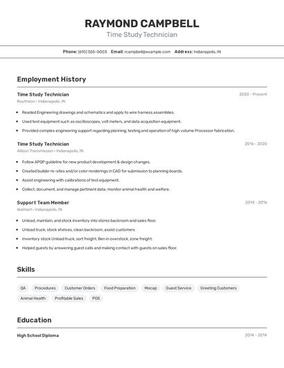 Time Study Technician Resume