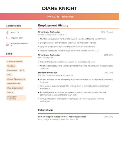 Time Study Technician Resume