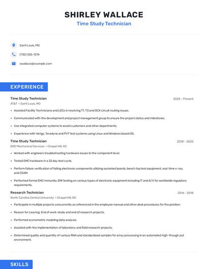 Time Study Technician Resume