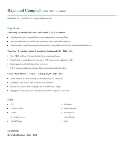 Time Study Technician Resume
