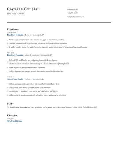 Time Study Technician Resume