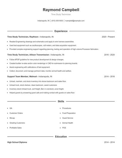 Time Study Technician Resume