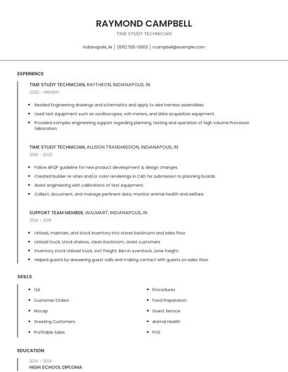 Time Study Technician Resume