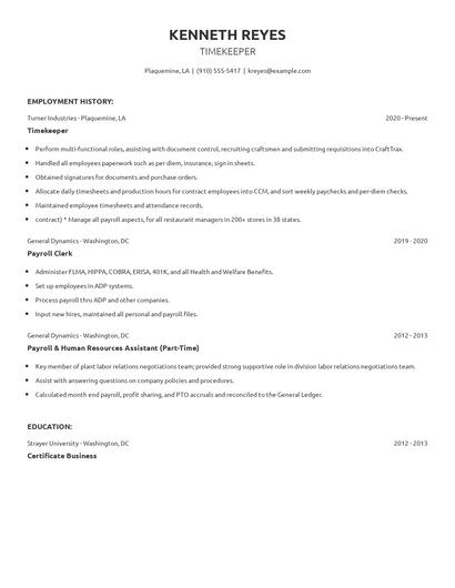 Timekeeper Resume