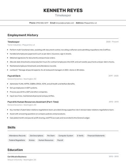 Timekeeper Resume