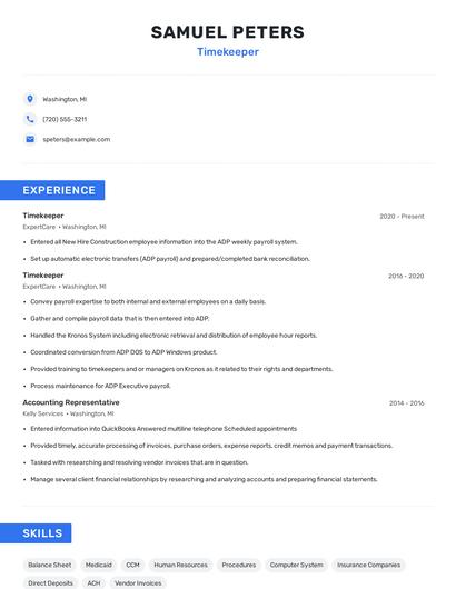 Timekeeper Resume