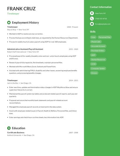 Timekeeper Resume