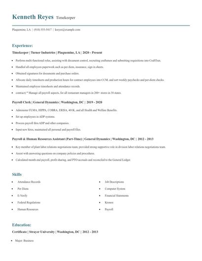 Timekeeper Resume