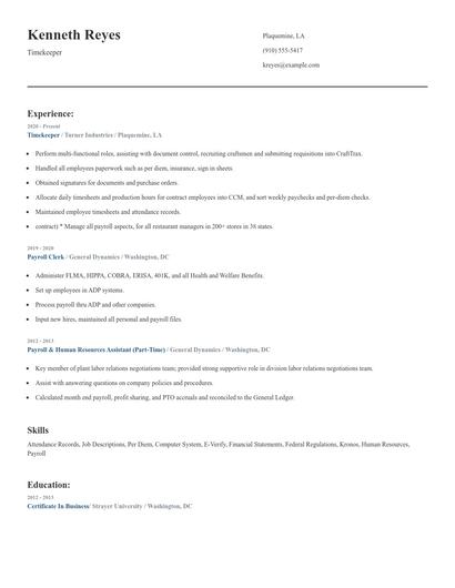 Timekeeper Resume