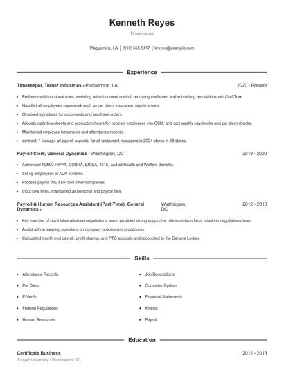 Timekeeper Resume