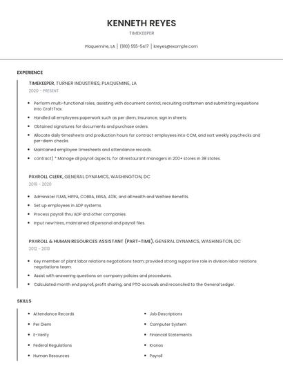 Timekeeper Resume