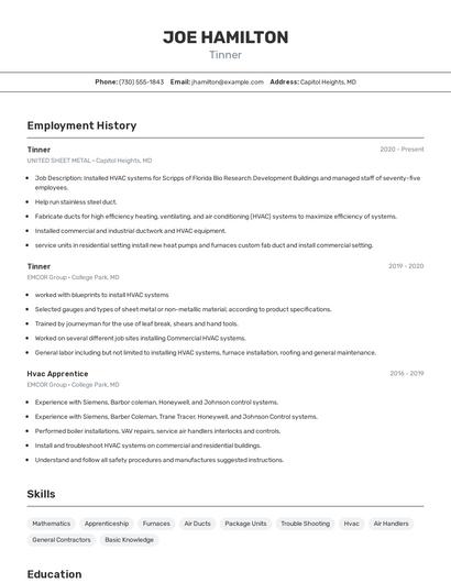 Tinner Resume