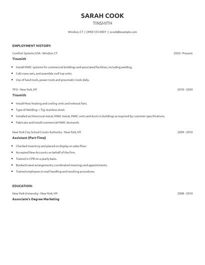 Tinsmith Resume