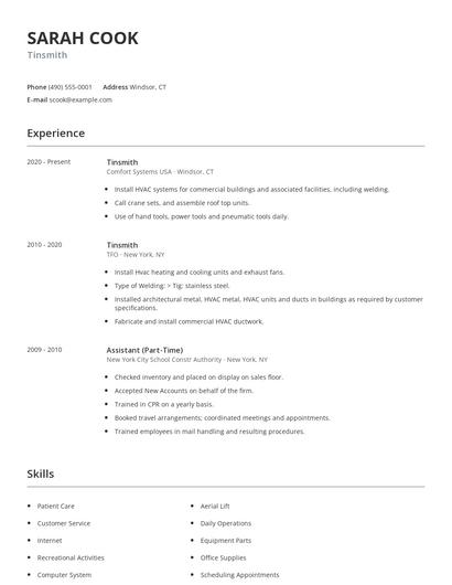 Tinsmith Resume