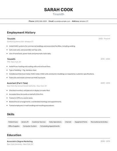 Tinsmith Resume