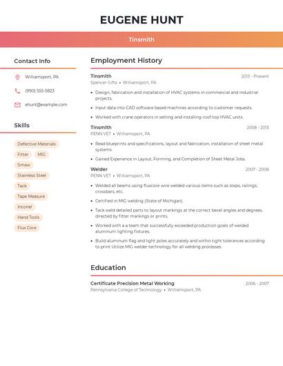 Tinsmith Resume