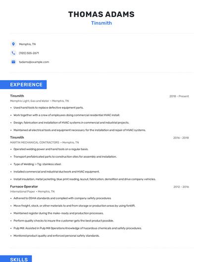 Tinsmith Resume
