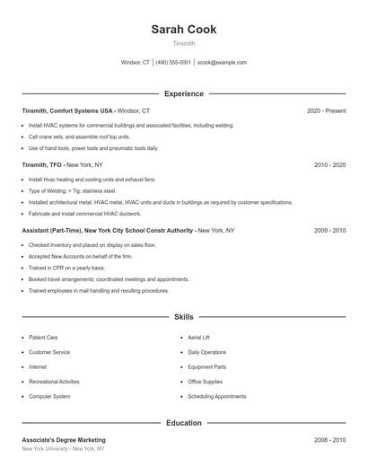 Tinsmith Resume