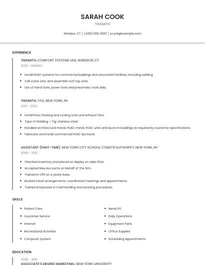 Tinsmith Resume