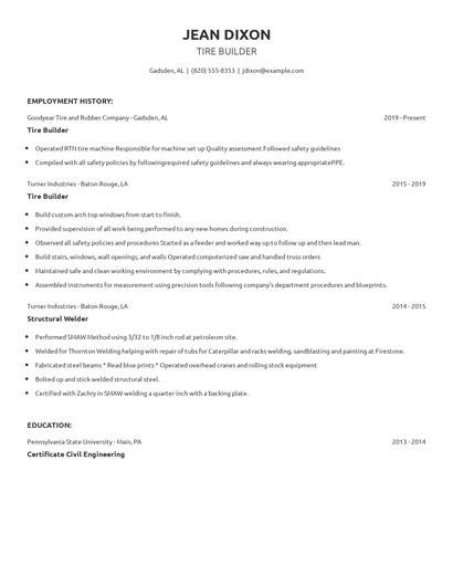Tire Builder Resume