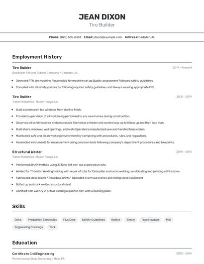 Tire Builder Resume